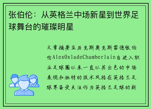 张伯伦：从英格兰中场新星到世界足球舞台的璀璨明星